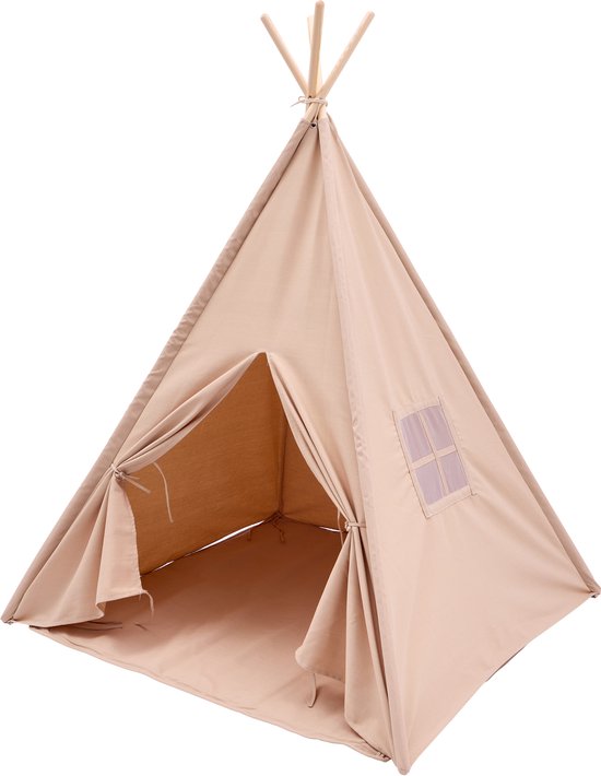 Sunny Vera Tipi Tent Sandy Beige voor kinderen – Wigwam Speeltent met raam van katoen – Tipi tent kinderen met Vloermat – 110x110x160cm – Stokken van hout van Merkloos