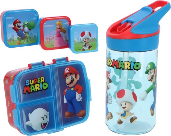 Super Mario lunchset; drinkfles, lunchbox en snackbox