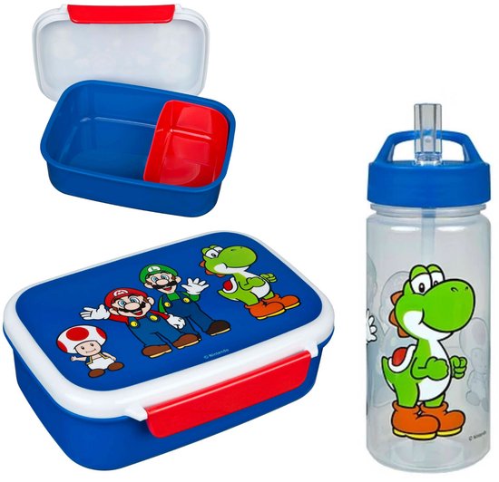 Super Mario Lunchset - Lunchbox - Drinkfles - Blauw - Lunchbox Kinderen van Merkloos
