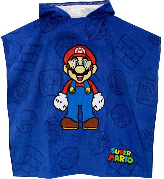 Super Mario Poncho - Badponcho - Handdoek - Sneldrogend - Blauw - 50 x 100 cm (uitgevouwen) - One Size (ongeveer 2-6 jaar) van Character World