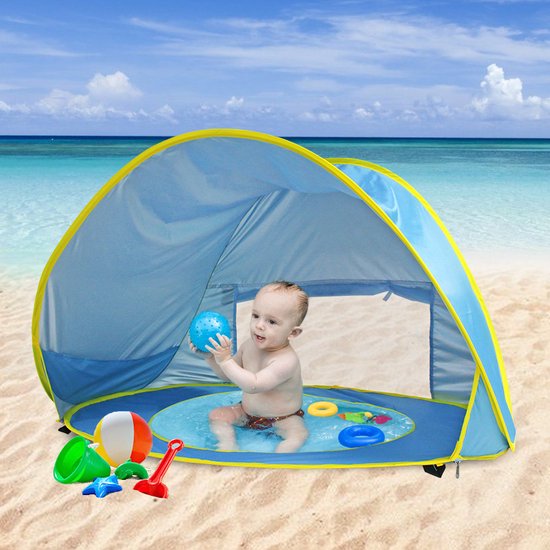 superleuke baby-strandtent met zwembadje-UV-bescherming-blauw van Ludi