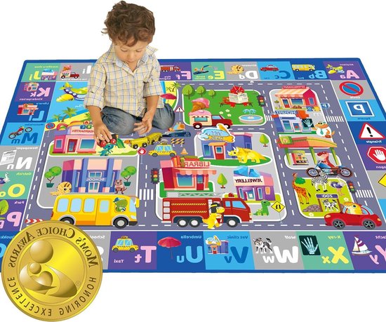 Superzachte pluche Vloerspeelmat voor baby's - ABC-speelmat voor kinderen - Extra dik (08 cm) - Groot gewatteerd - Antislip autotapijt met stadsmotief van Merhoff & Larkin