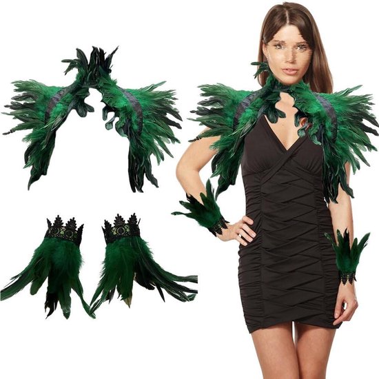 Surakey Gothic Feather Cape, Shoulder Poncho with Feathers for Halloween, Party, Cosplay, Carnival, for Women, Set of 3