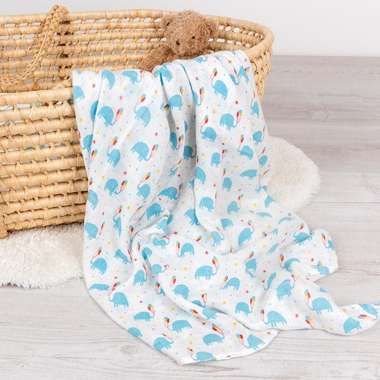 swaddle Olifanten Feestje XL hydrofiele doek 120x120 cm bamboe/katoen van Little Dutch