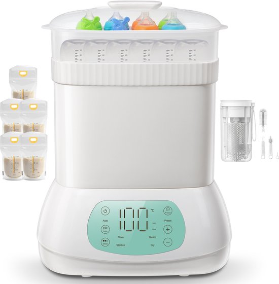 Sweet Sprout 6-in-1 Sterilisator met Stoomfunctie - Flessen sterilisator - Babyfles reiniger - Stoomsterilisator - Flessenwasser - Geschikt voor 6 flesjes - Met droogfunctie - Incl. 5 bewaarzakjes en flessenborstel van Sweet Sprout