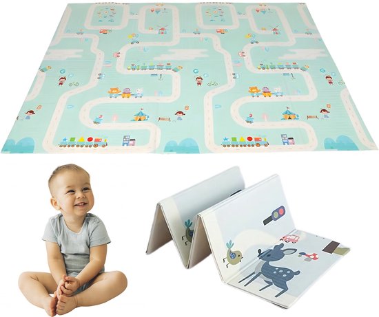 Sweet Sprout Speelmat foam Baby – Opvouwbaar Speelkleed Kinderen – Zachte Kruipmat met autowegen en dieren – 150x200 cm - Inclusief opbergtas van Sweet Sprout