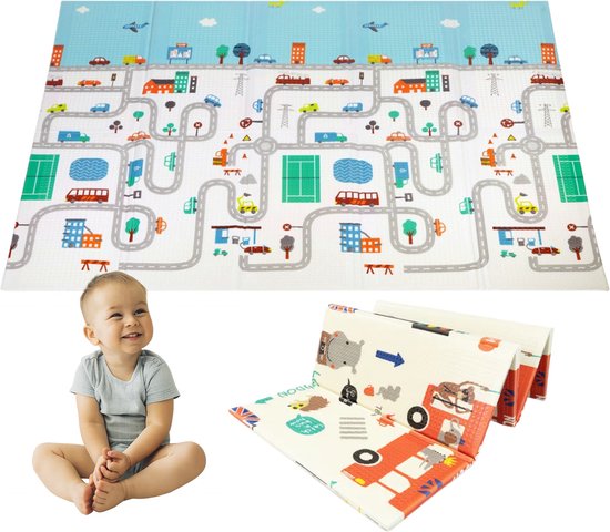 Sweet Sprout Speelmat foam Baby – Opvouwbaar Speelkleed Kinderen – Zachte Kruipmat met Levendige Auto & Stad Print – 150x200cm - Inclusief opbergtas van Sweet Sprout