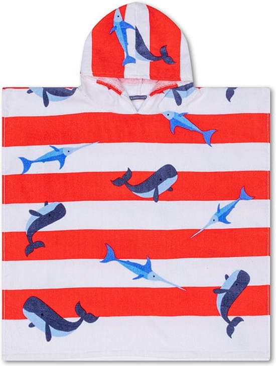 Swim Essentials Strandponcho - Badcape Kinderen - Poncho Handdoek - Rood/Wit Walvis - 65 x 65 cm van Swim Essentials