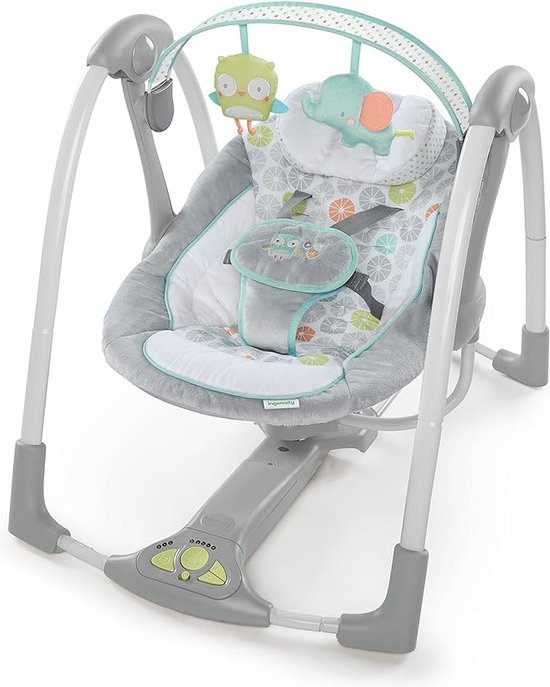 Swing 'n Go draagbare schommel - Knuffels en toeters, 5 swingsnelheden, 8 rustgevende melodieën, verwijderbare speelgoedbeugel, vanaf pasgeboren leeftijd, grijs van INGENUITY