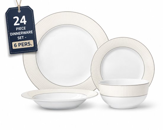 Swiss Haus® DS24CR Luxe Serviesset - 24 Delig - 6 Persoons - Porselein - Bordenset – Dinner Platen – Dessertborden - Kommen - Pastabord - Wit / Creme
