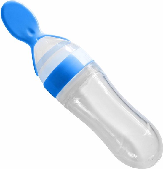 SY Goods - Knijpfles met lepel - Antiknoei lepel – Siliconen Babyfles – Babybestek – Doseerfles - Voedingslepel - Babylepel – Fruithapjes – Babyhapjes – Fruitpuree – Groentepuree - BPA vrij – 90 ml - Blauw van SY Goods