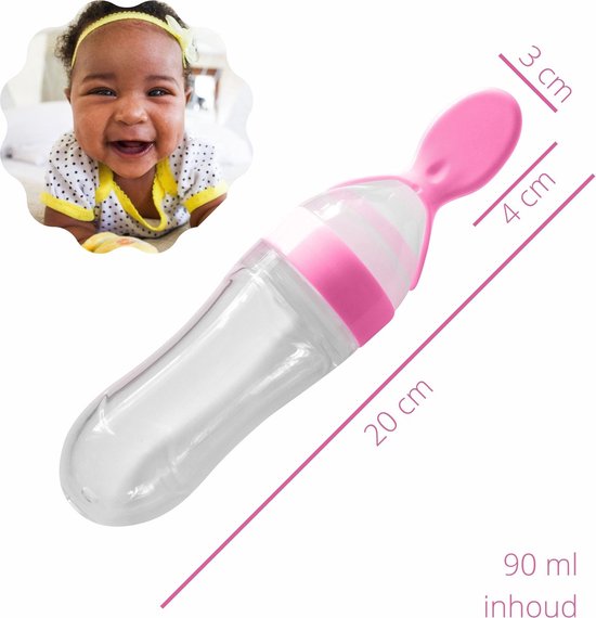 SY Goods - Knijpfles met lepel - Antiknoei lepel – Siliconen Babyfles – Babybestek – Doseerfles - Voedingslepel - Babylepel – Fruithapjes – Babyhapjes – Fruitpuree – Groentepuree - BPA vrij – 90 ml - Roze van SY Goods