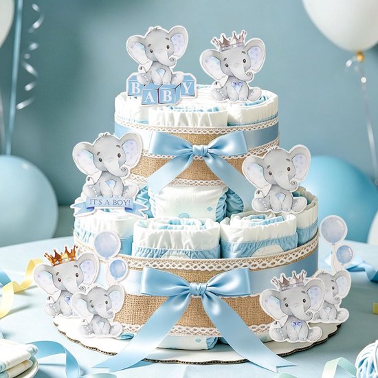 Taartdecoratie Set - Olifantjes & Lint - Babyfeest Versieren - Met Jute & Satijn - 12 Stuks - Blauw