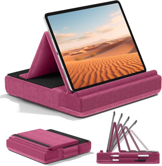 Tablet Kussen Stand, Multi-Angle Viewing Ipad Houder voor Schoot, Bed en Bureau, Opvouwbare Zachte Pad Dock met Stylus Mount Compatibel met Ipad Pro 12.9 11 Air Mini, Telefoons, E-Reader, Paars