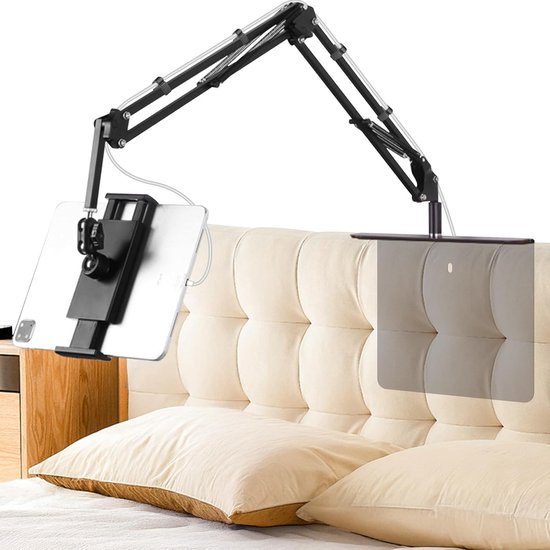 tablethouder voor bed met verstelbare lange arm - opvouwbare metalen standaard voor Kindle, tablets, iPad en mobiele telefoon, verborgen design, geen schade aan meubels (NB-35D)