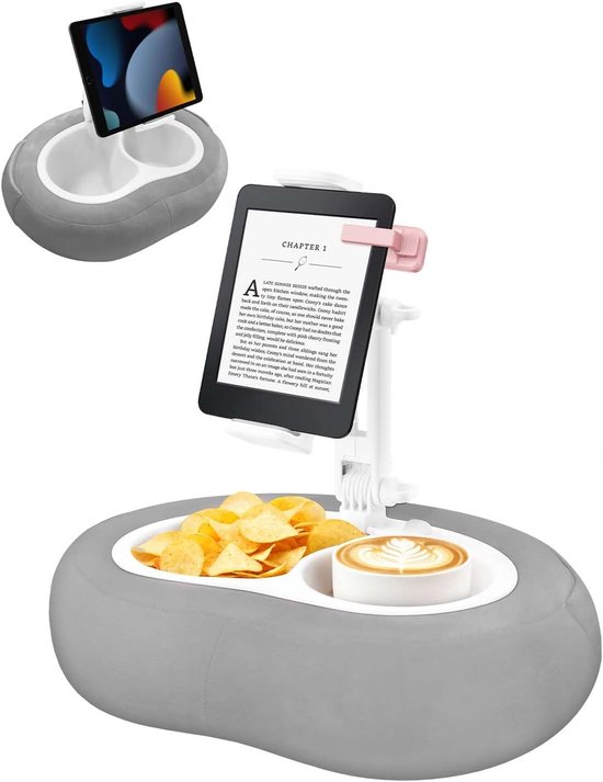 Tabletstandaard met kussen, 360° verstelbare tablet-kussenhouder, compatibel met 5-12,9 inch mobiele telefoon/Kindle, iPad, iPhone, Google, telefoonhouder om in bed te lezen, met bekerhouder, grijs