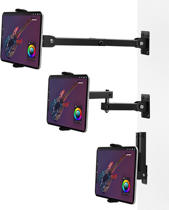 Tabletwandhouder voor 4-13 inch, 360 graden draaibaar, intrekbaar, 10-45 cm, iPad, Samsung Tab houder, muur voor zakelijk en thuis, trainen in de woonkamer en koken in de keuken (zwart)