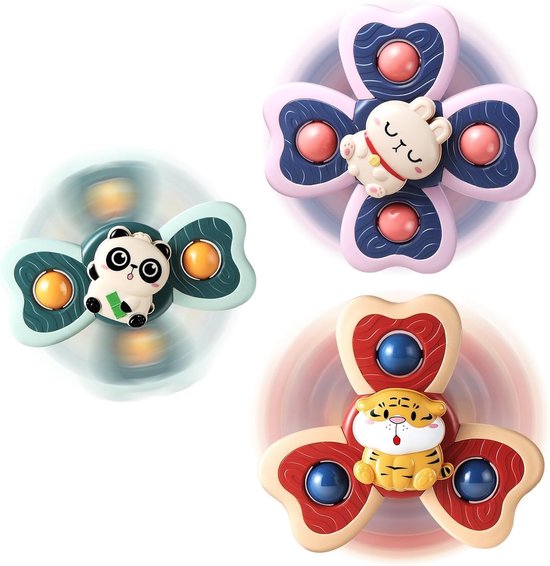 Taishengda - 3 stuks dieren zuignap spinner speelgoed, baby fidget spinner met pop bubble, sensorisch badspeelgoed voor peuters van 1-3 jaar, panda, tijger, konijn draaispeelgoed voor kinderstoel, badkuip, raam, reis, cadeau