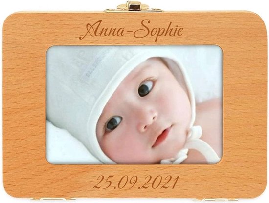 Tandendoosje Hout met EIGEN NAAM en GEBOORTEDATUM - Fotolijst PERSOONLIJK GEGRAVEERD - Kraamcadeau - Baby Cadeau - HOOGWAARDIG HARDHOUT - WiebelTandje van T