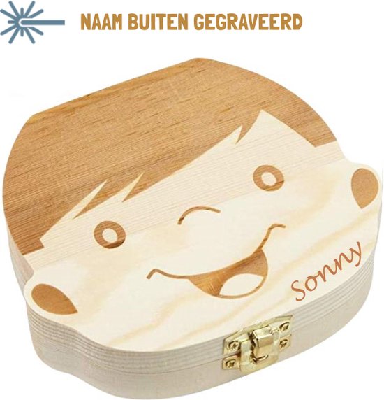 Tandendoosje Jongen Hout met EIGEN NAAM Gepersonaliseerd - Jongen Natuur PERSOONLIJK GEGRAVEERD - Kraamcadeau - Baby Cadeau - WiebelTandje van T