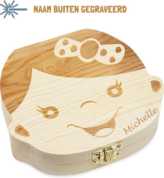 Tandendoosje Meisje Hout met EIGEN NAAM Gepersonaliseerd - Meisje Natuur PERSOONLIJK GEGRAVEERD - Kraamcadeau - Baby Cadeau - WiebelTandje van T