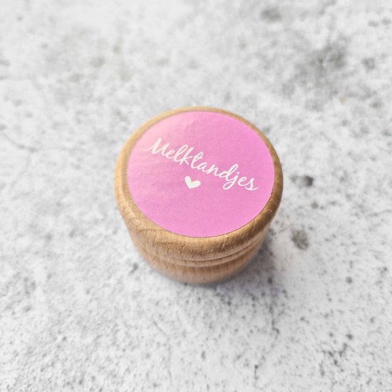 Tandendoosje | melktandjes | hout | pink hart | opdruk: sticker van Themafeestje