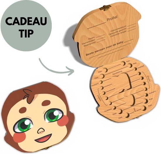 Tandendoosje met naam - Aapje - Hout - Voor jongens en meisjes - Opbergdoosje voor Melk Tanden - Tandendoosje voor kinderen van Merkloos