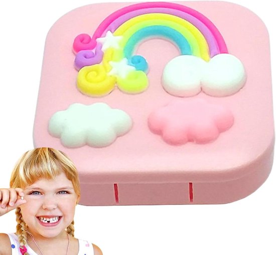 Tandendoosje Regenboog - Melktand bewaarder - Herinneringen bewaren - Creatief ontwerp - 6.8x6.8x2.1 cm - Roze