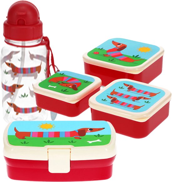 Teckel - hond - set - lunchset - drinkfles (500ml) - 3 snackdoosjes - lunchbox - drinkbeker - waterfles met rietje - doosje - brooddoos - rood - teckelprint van T