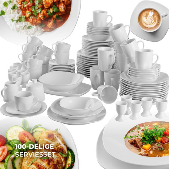 tectake® 100-delige Serviesset Salerno - Porseleinen Servies voor 12 Personen - Vaatwasser- en Magnetronbestendig - Bordenset - Wit