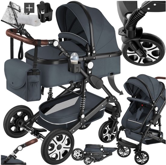 tectake® Multifunctionele Kinderwagen Mats - 2-in-1 Babywagen inclusief voetenzak, regenhoes, flessenhouder en opbergmand - Wandelwagen met 15kg draagkracht - Opvouwbaar met 5-puntsgordel - Antraciet van TecTake