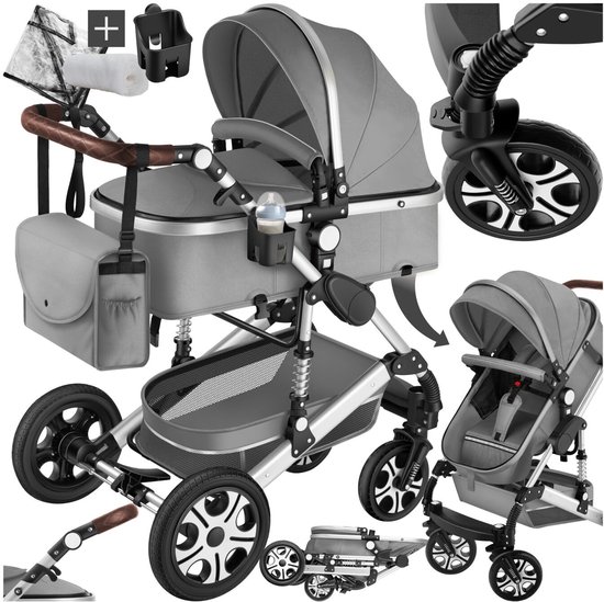 tectake® Multifunctionele Kinderwagen Mats - 2-in-1 Babywagen inclusief voetenzak, regenhoes, flessenhouder en opbergmand - Wandelwagen met 15kg draagkracht - Opvouwbaar met 5-puntsgordel - Grijs van TecTake