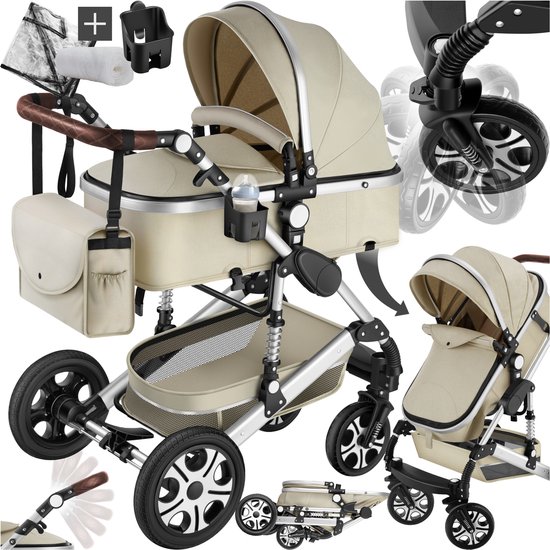 tectake® - Multifunctionele Kinderwagen Mats - 2-in-1 Babywagen inclusief voetenzak, regenhoes, flessenhouder en opbergmand - Wandelwagen met 15kg draagkracht - Opvouwbaar met 5-puntsgordel - Grijs/Beige van Tectake