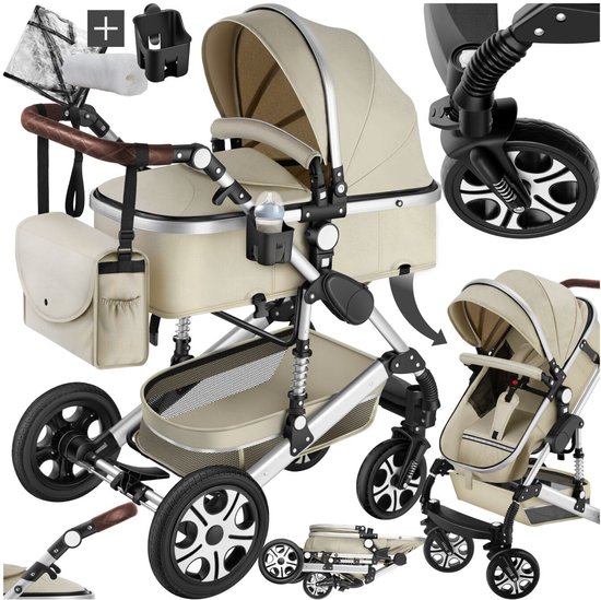tectake® Multifunctionele Kinderwagen Mats - 2-in-1 Babywagen inclusief voetenzak, regenhoes, flessenhouder en opbergmand - Wandelwagen met 15kg draagkracht - Opvouwbaar met 5-puntsgordel - Grijs/Beige van TecTake