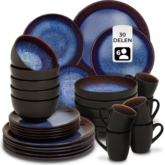 tectake® Serviesset Mare - 30-delig - Aardewerk met Glanzend Glazuur - 6 Persoons - Handgemaakt Servies - Moderne Bordenset met Grote en Kleine Borden, Kommen, Schaaltjes en Kopjes - Vaatwasser- en Magnetronbestendig - Blauw - Bruin