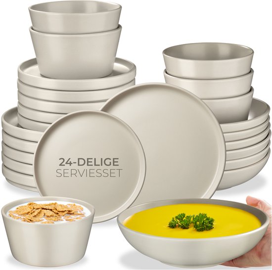 tectake® Serviesset Una - 24-delig - Aardewerk - 6 Persoons - Stijlvol en Duurzaam Servies - Bordenset met Grote en Kleine Borden, Kommen, Schaaltjes - Taupe