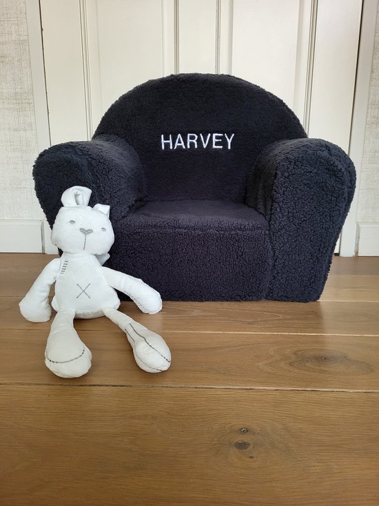 Teddy kinderstoel antraciet met geborduurde naam/ teddy kinder fauteuil/gepersonaliseerde stoel voor kids van Merkloos