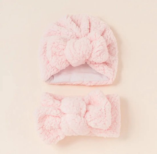 teddy muts sjaal baby - set - roze - teddy - kraamcadeau - muts - sjaal - baby van T