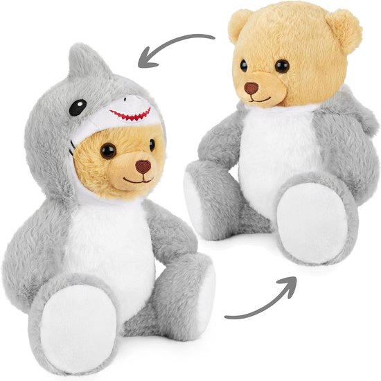 Teddybeer in Haaienkostuum - Knuffelbeer Haai - Knuffelen en Spelen - Afneembare Capuchon - 25 cm - Grijs