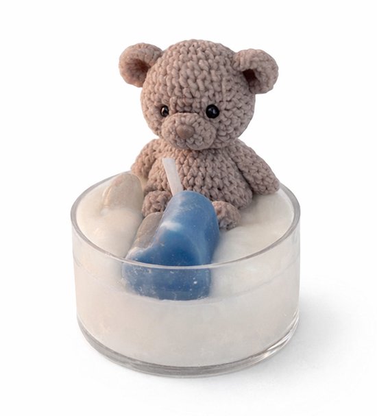 Teddybeer Kaars Blauw – Kraamcadeau Jongen | Handgemaakt Sojawas van Merkloos