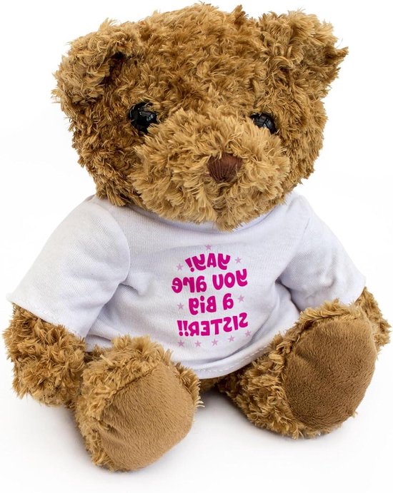 Teddybeer - Knuffelbeer Zacht - Cadeau Grote Zus - Wit T-shirt - 20 cm - Bruin