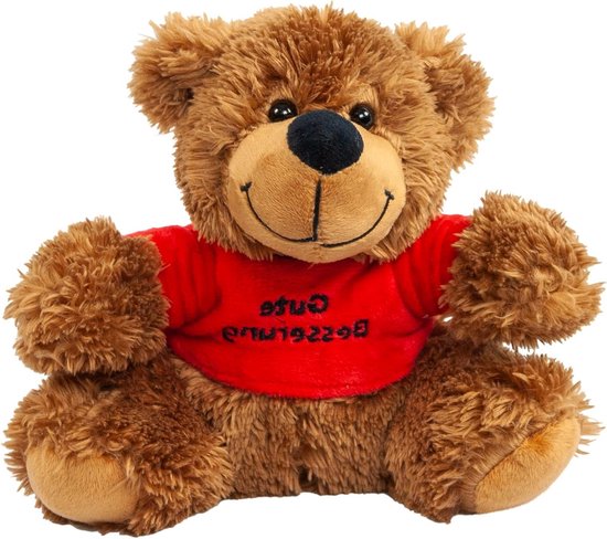 Teddybeer met rood shirt - Knuffelbeer Pluche beer - Beterschap wensen - Machinewasbaar tot 30°C - 16 cm - Bruin/rood