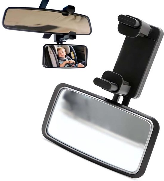 TEKROA® Universele Autospiegel Baby - 360° Verstelbare Achteruitkijkspiegel met Clip - Bolle Spiegel Auto - Zwart (13x6 cm)