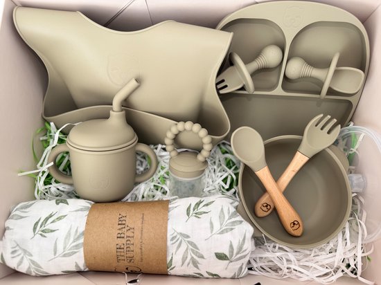 The Baby Supply – Botanical Baby Box | Olijfgroene Kraamcadeau Serviesset met Hydrofiele Doek van Merkloos