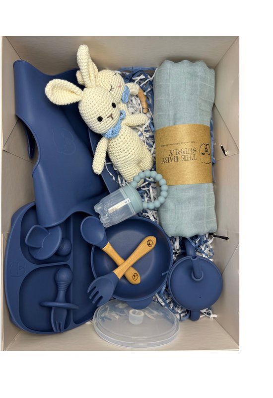 The Baby Supply Bunny & Bites Box Blauw – Luxe Kraamcadeau Serviesset met Knuffel, Hydrofiele Doek & Babyservies van Merkloos