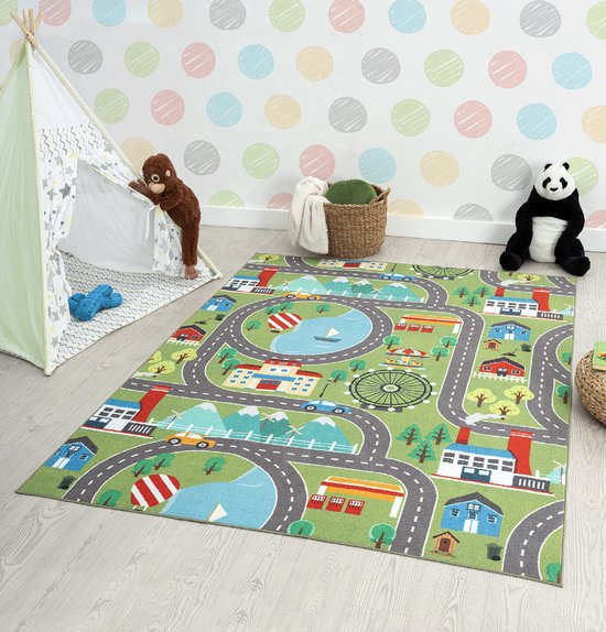 the carpet Happy Life – Speelkleed, kindertapijt met stadsprint, antislip, groen met stadsprint, 80 x 150 cm van Merkloos