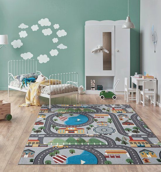 the carpet Happy Life - Speelkleed, kindertapijt met stadsprint, wasbaar en antislip, grijs met stadsprint, 80 x 150 cm van The Carpet