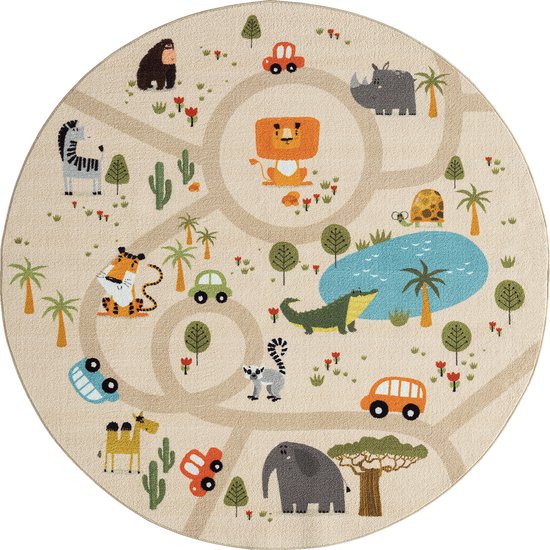 the carpet Happy Life Vloerkleed Kinderkamer, Kindertapijt, Speeltapijt, Afwasbaar, Straattapijt, Straat, Jungle, Dieren, Auto, Beige, 160 cm rond van Livecilk