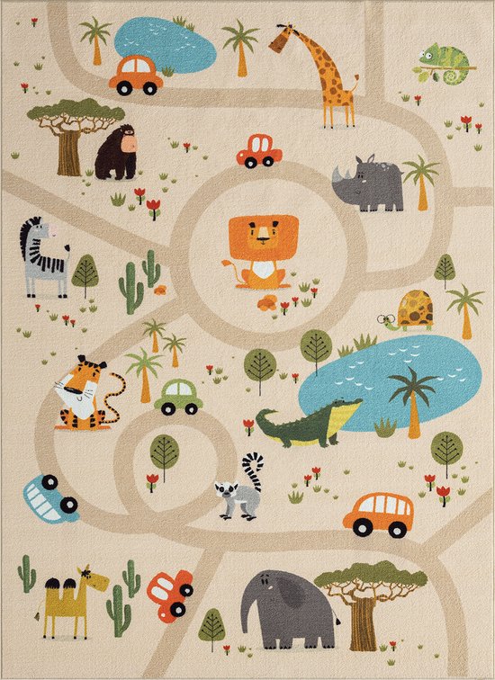 the carpet Vloerkleed Happy Life Kinderkamer, Kindertapijt, Speeltapijt, Afwasbaar, Straattapijt, Straat, Jungle, Dieren, Auto, Beige, 120 x 160 cm van Frans Molenaar