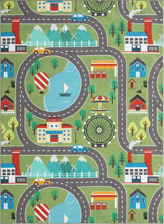 the carpet Vloerkleed Happy Life Kinderkamer, kindertapijt, speeltapijt, wasbaar, straattapijt, straat, stad, auto, groen, 140 x 200 cm van The Carpet